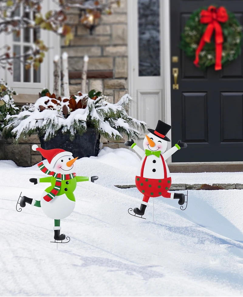 Glitzhome Metal Christmas Skiing Snowmen Yard Stakes, Set of 2