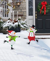 Glitzhome Metal Christmas Skiing Snowmen Yard Stakes, Set of 2