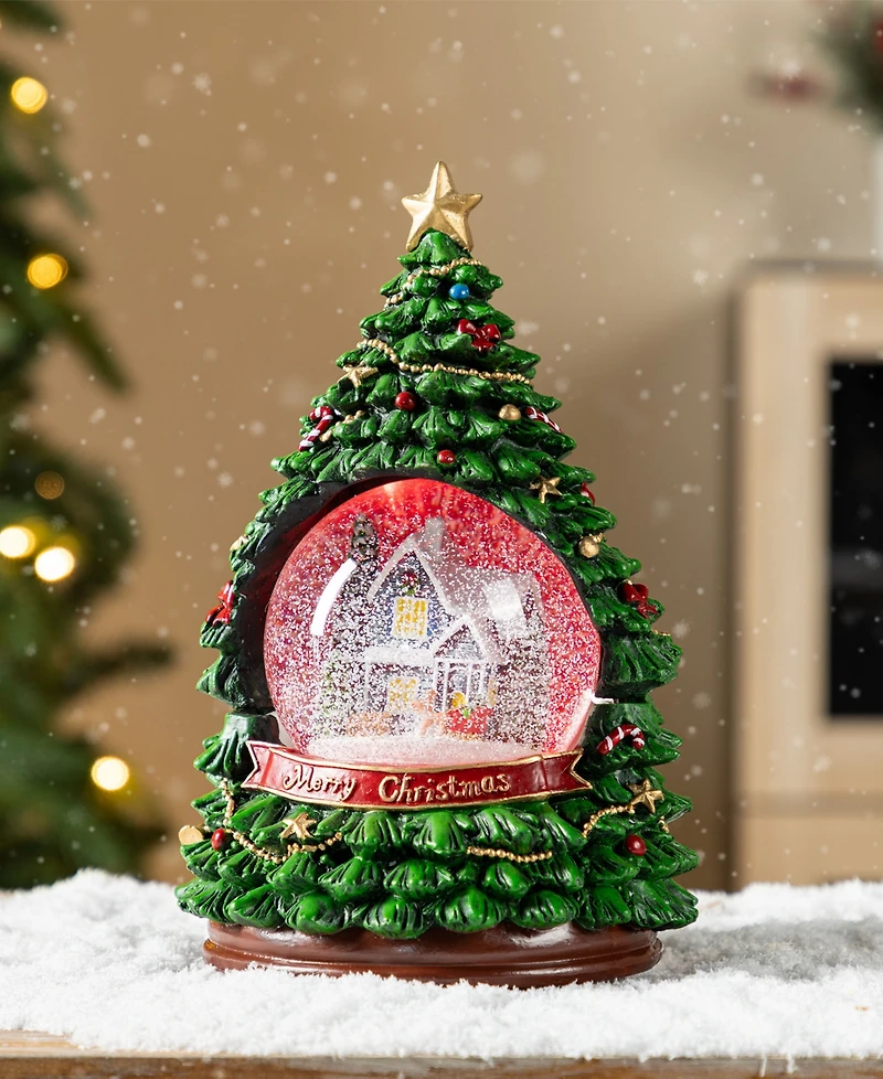 Glitzhome 100mm Lighted Resin Christmas Musical Snowflakes Christmas Tree Water Globe