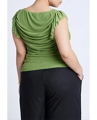 Eloquii Women's Plus Shirred Mesh Top With Shoulder Flounces