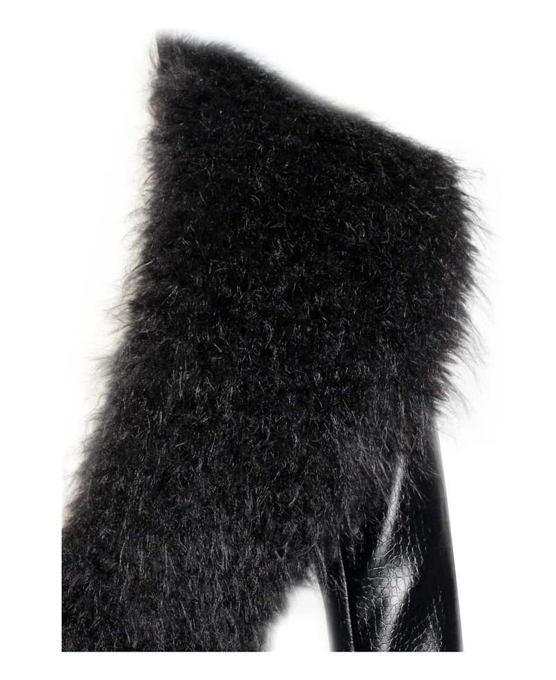 Miss Circle Women's Zella Black Fur Trim Faux Croc Leather Coat