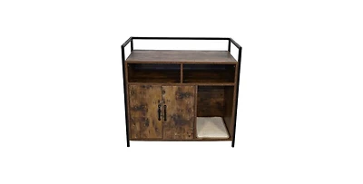 Aostirmotor Rustic Brown Wooden Cat Litter Box Enclosure with Scratching Mat Furniture