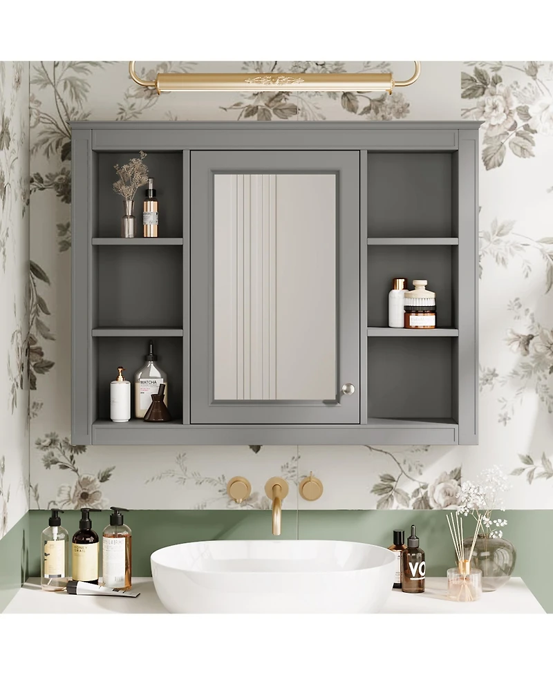 Casainc 35" x 27.5" Bathroom Mirror Cabinet with 6 Open Shelves, Wall Mounted Medicine (No Vanity)