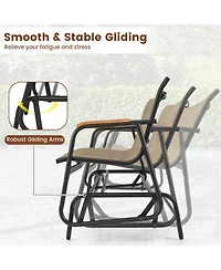 Costway Patio Glider Bench for 3 Swing Gliding Loveseat with Curved Teak Armrests for Porch