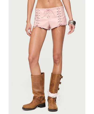 Edikted Womens Elisha Lace Up Faux Leather Shorts