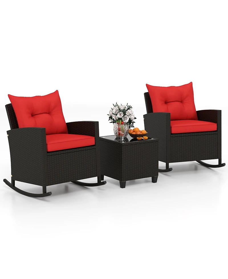 Slickblue Weather-Resistant 3-Piece Patio Rocking Chair Set with Cushions and Tempered Glass Table – Ideal for Outdoor Lounging