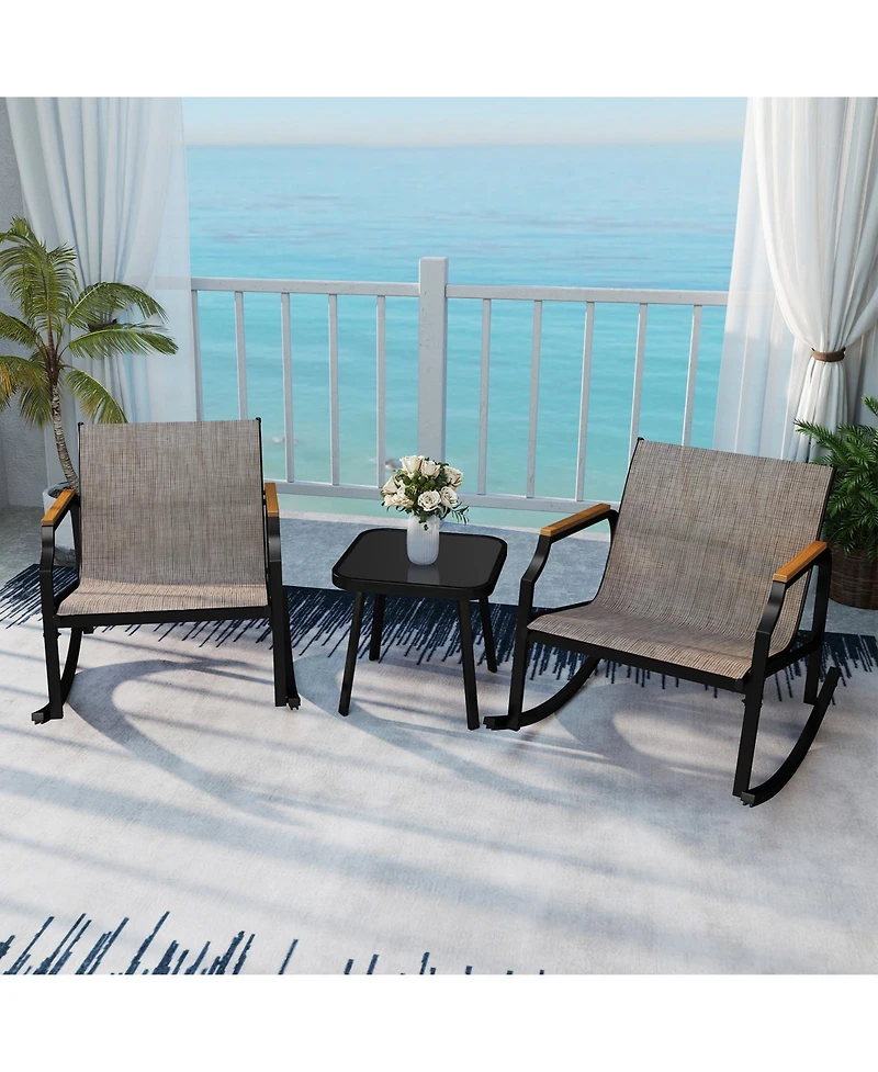 Slickblue Outdoor 3-Piece Rocking Chair Bistro Set with Armrests and Glass-Top Coffee Table – Ideal for Porch or Garden