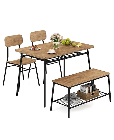 Slickblue Modern 4-Piece Metal Frame Dining Set with Table, Bench, and 2 Chairs – Ideal for Compact Dining Spaces