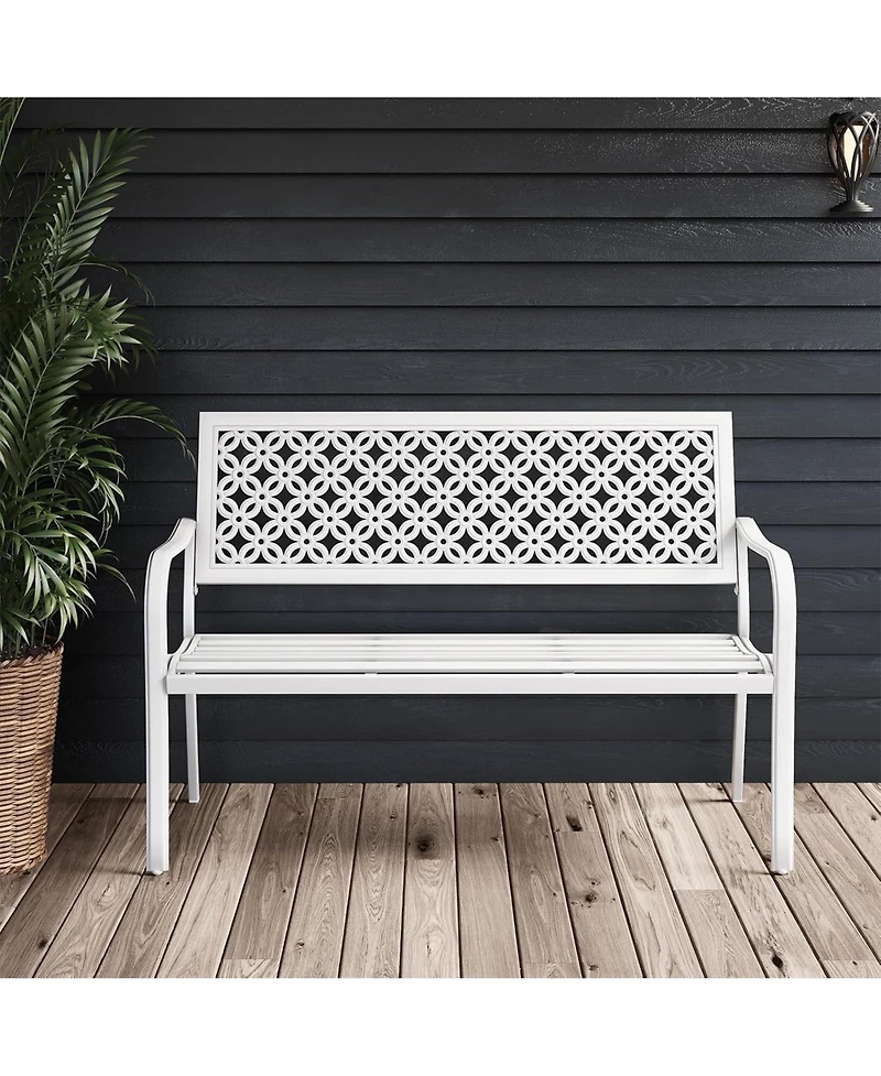 Mondawe All-Iron Park Chair With Floral Backrest,Multi-Layer Rustproof Coating & Adjustable Foot Pad