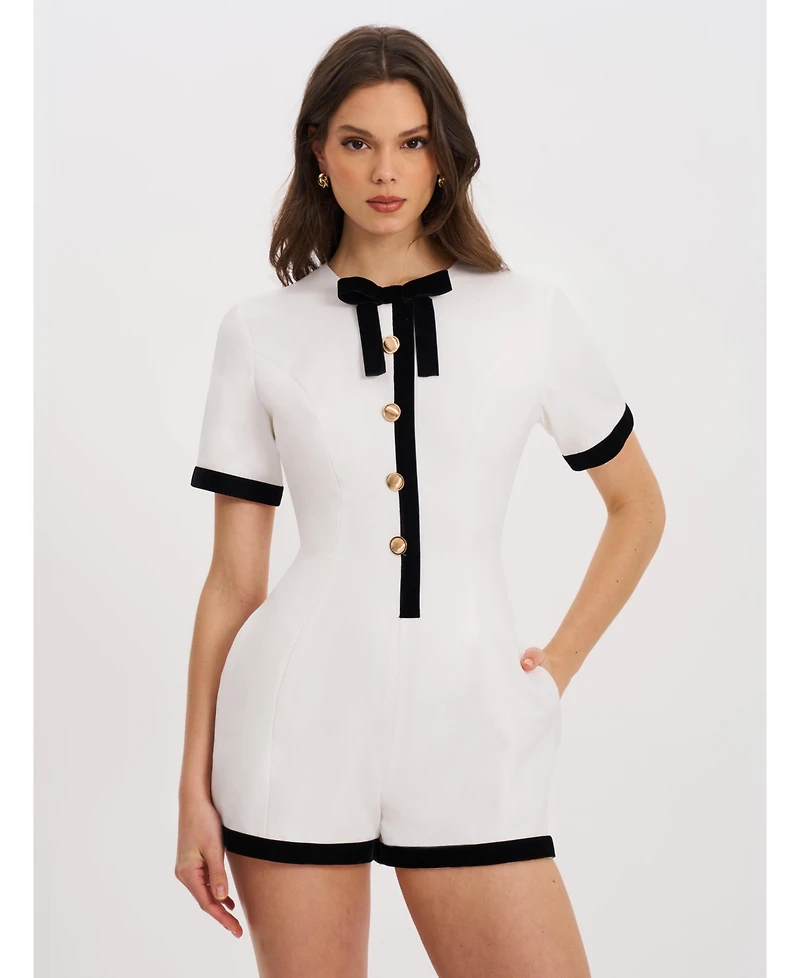 Miss Circle Women's Idina Business Casual White Romper with Black Trim