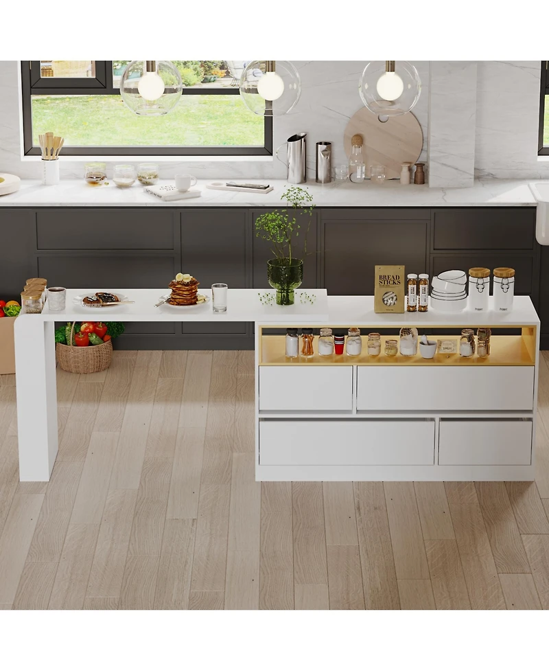 Kitchen island with 4 drawers, movable tabletop, kitchen island storage table with dining table, coffee station and microwave rack for home, dining ro