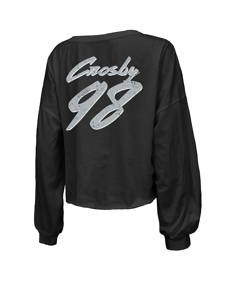 Majestic Women's Maxx Crosby Black Las Vegas Raiders Off-Shoulder Script Player Name Number Cropped Long Sleeve V-Neck T-Shirt