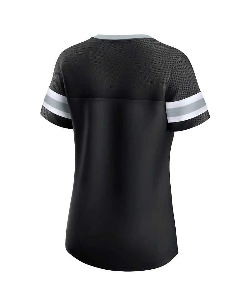 Fanatics Women's Black Las Vegas Raiders True Catch Iconic Rhinestone Bling Athena Lace-Up T-Shirt