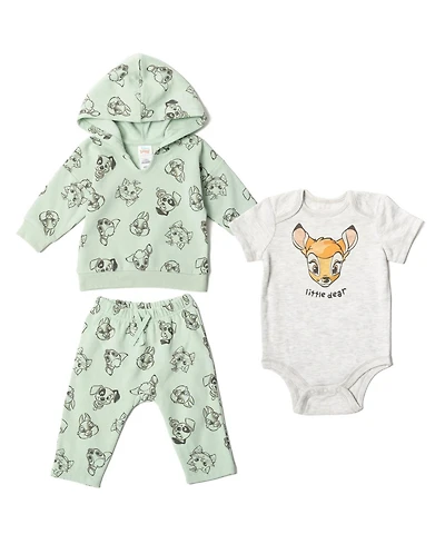 Bambi Baby Boys Fleece Pullover Hoodie, Bodysuit and Pants 3 Piece Outfit Set