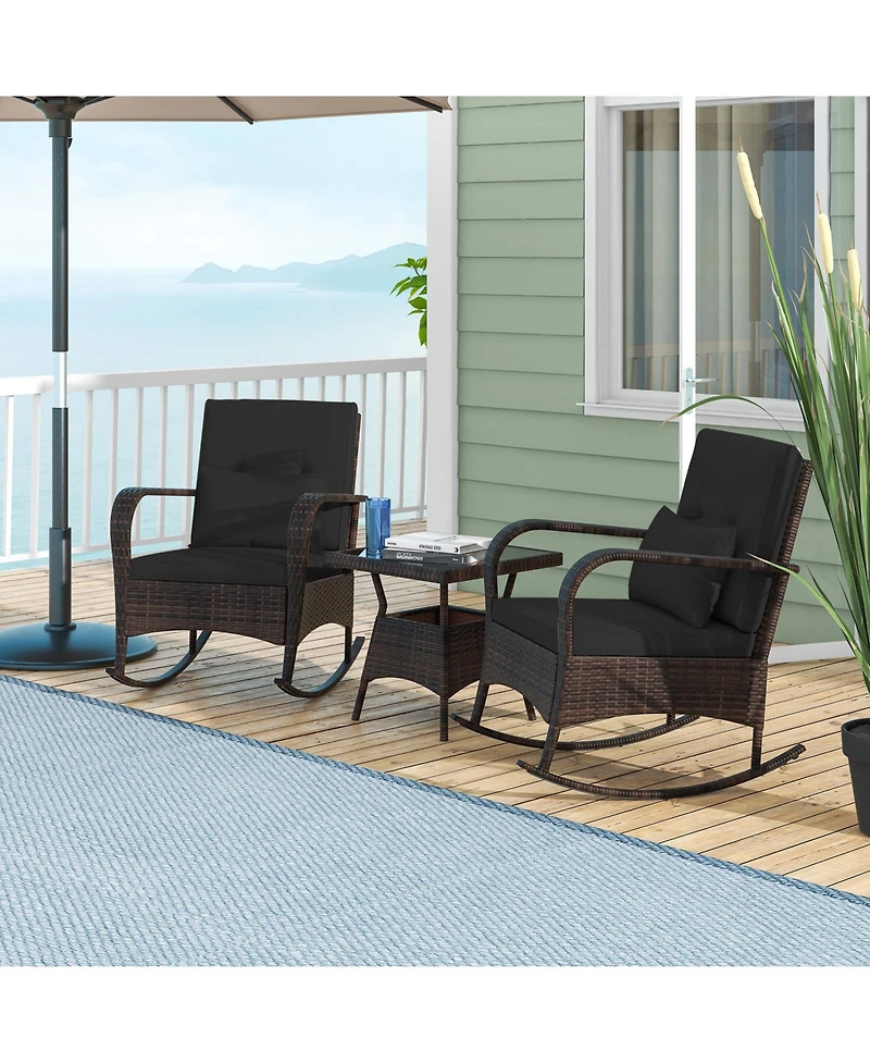Slickblue 3-Piece Pe Wicker Rocking Chair Patio Set with Tempered Glass Table – Ideal for Poolside, Backyard, or Porch