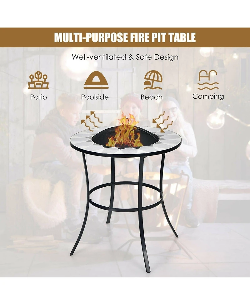 Mondawe 23.5" Round Steel Fire Pit Table with Mesh Cover & Poker, Black