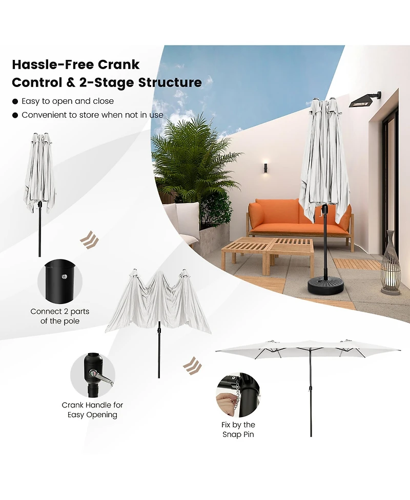 Gymax 15FT Double-Sided Market Umbrella Large Crank Handle Vented Twin Patio