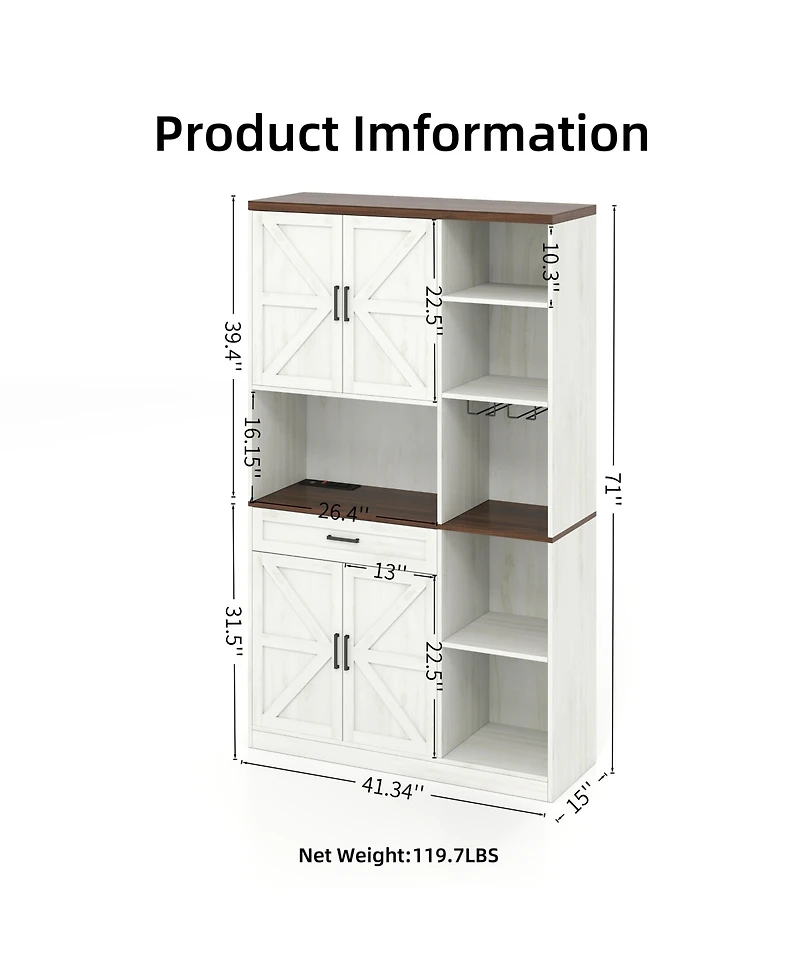 Casainc 71" Farmhouse Kitchen Pantry with Hutch, Microwave Stand, Drawer & Charging Station
