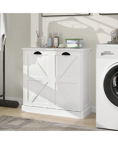 Casainc Tilt-Out Laundry Hamper Cabinet with Two Sorting Compartments and Top Shelf Organizer