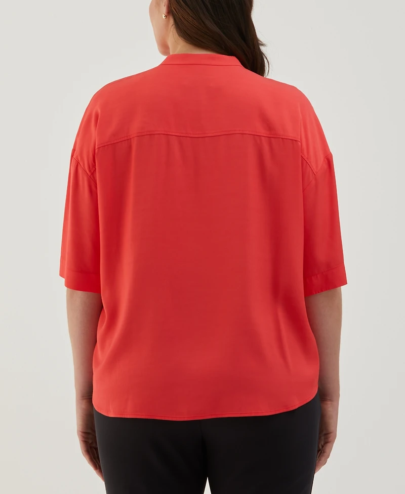 Ella Rafaella Plus Smocked Banded Collar Short Sleeve Top