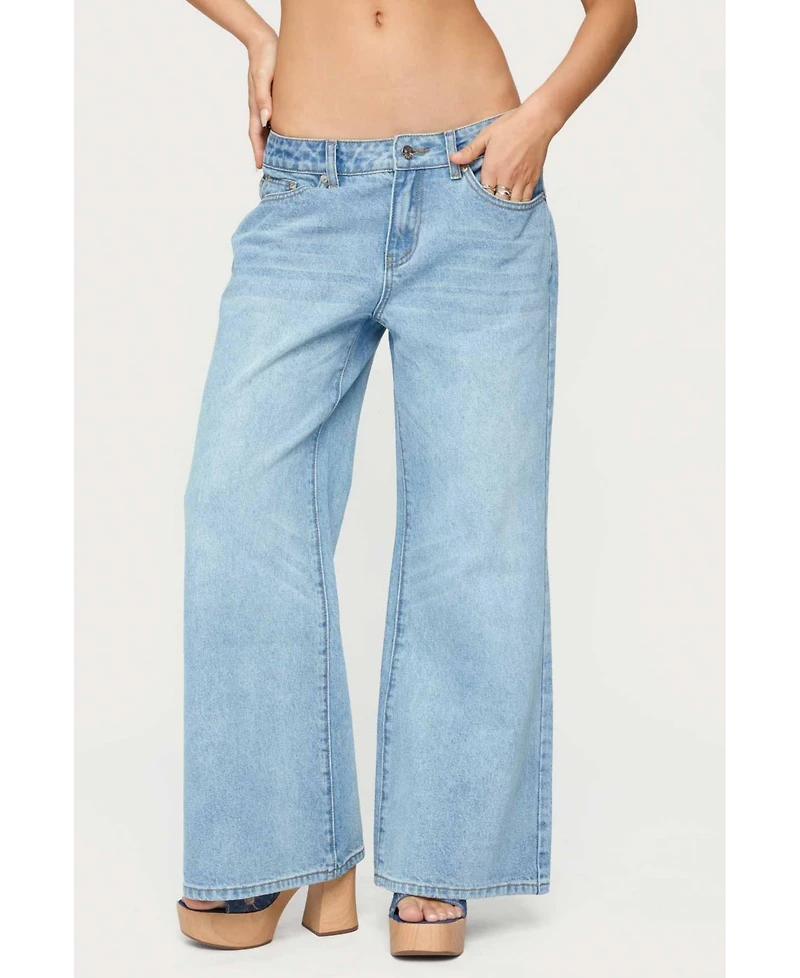 Edikted Womens Petite Low Rise Wide Leg Jeans