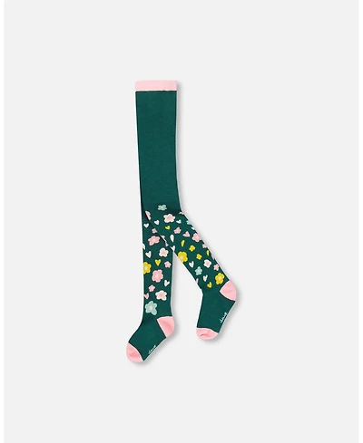 Deux par Girl Knit Tights Dark Green with Flower Motifs - Toddler|Child