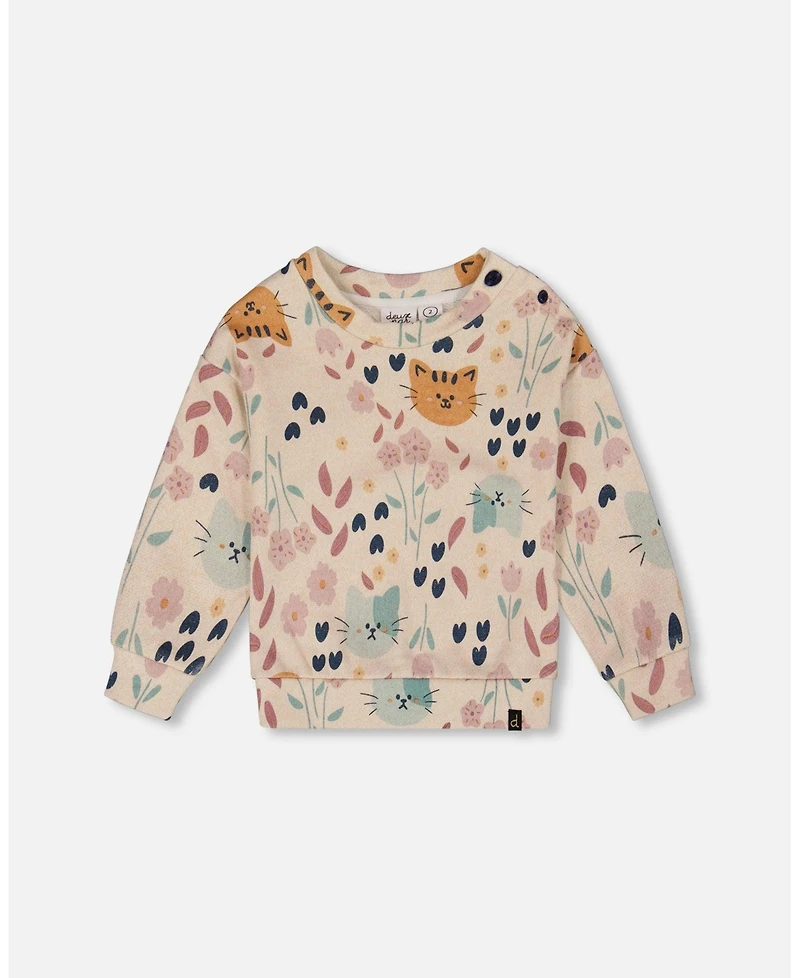 Deux par Baby Girls Glittering French Terry Sweatshirt Beige Cat Print