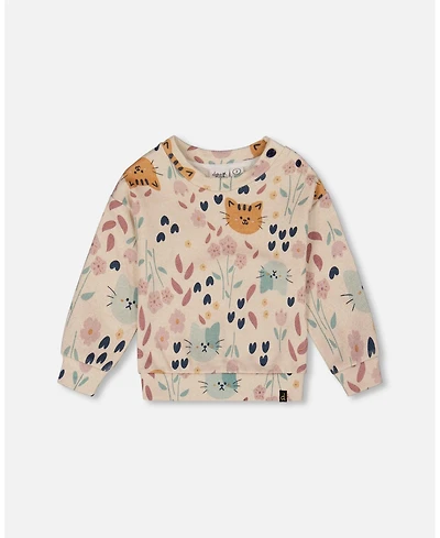 Deux par Baby Girls Glittering French Terry Sweatshirt Beige Cat Print