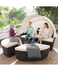 Costway Patio Round Daybed Pe Rattan Cushioned Sectional Seating with Retractable Canopy