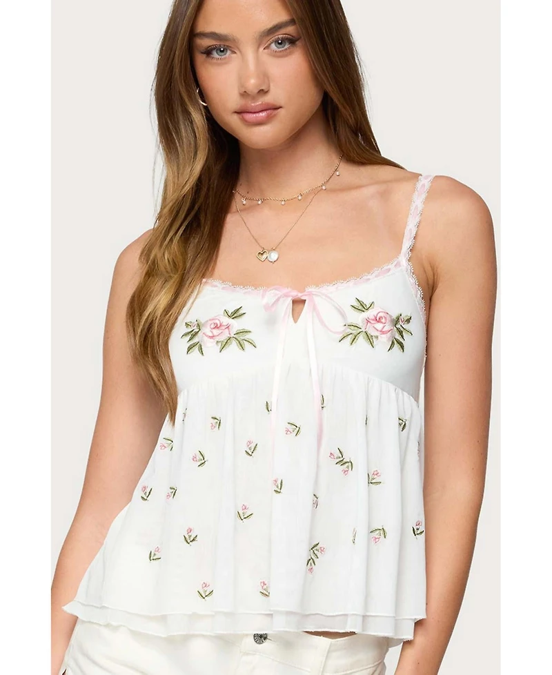 Edikted Women's Embroidered Layered Mesh Babydoll Top