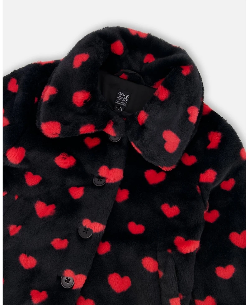 Deux par Girls Faux Fur Short Coat Black and Red with Hearts