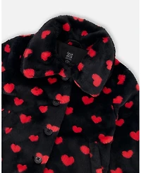 Deux par Girls Faux Fur Short Coat Black and Red with Hearts