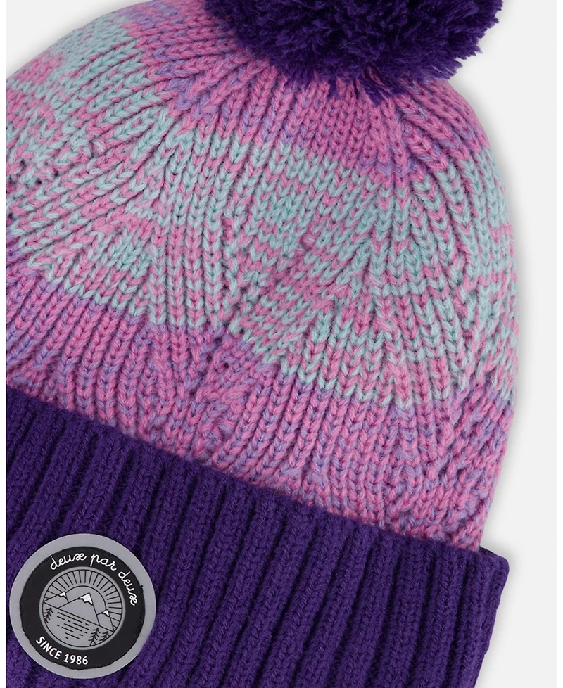 Deux par Girl Lined Knit Pompom Hat Purple and Pink - Toddler|Child