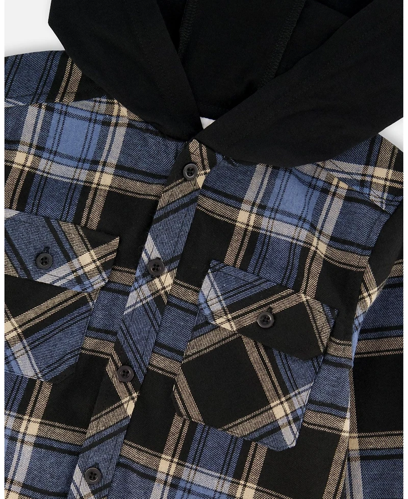 Deux par Boy Long Sleeve Hooded Flannel Shirt Blue and Black