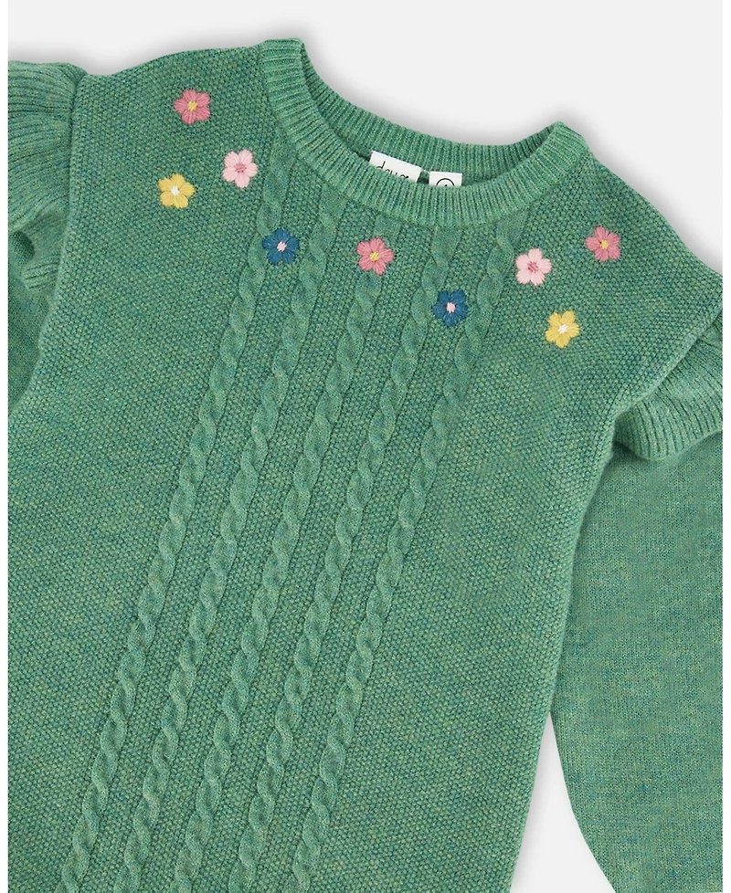 Deux par Toddler Girls Knitted Dress Sage Green with Ruffles and Floral Embroidery - Toddler|Child