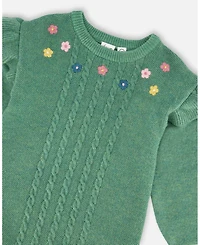 Deux par Toddler Girls Knitted Dress Sage Green with Ruffles and Floral Embroidery - Toddler|Child