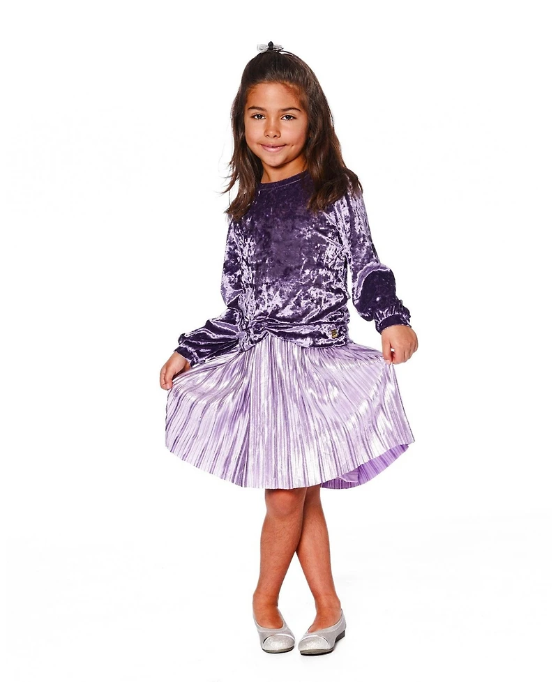 Deux par Girl Long Sleeve Bi-Material Velour and Jersey Dress Purple Gray - Child
