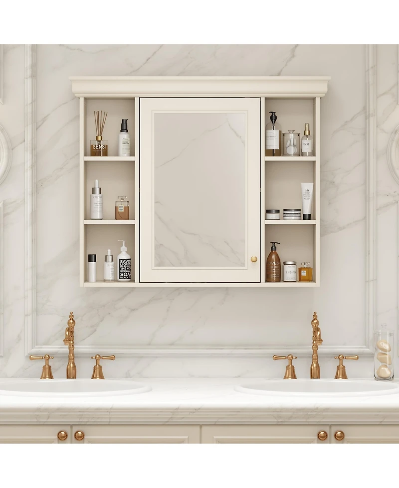 Casainc 35" x 28" Wall Mounted Medicine Cabinet with Mirror Door and 6 Open Shelves, Modern Storage Unit
