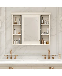 Casainc 35" x 28" Wall Mounted Medicine Cabinet with Mirror Door and 6 Open Shelves, Modern Storage Unit