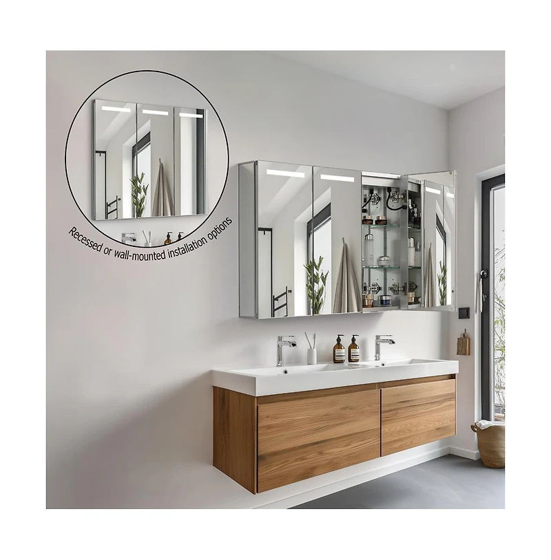 Basicwise 3-Door Versatile Bathroom Medicine Cabinet with Anti-Fog Led Mirror, Waterproof Aluminum, Surface or Recessed Mount, 2 Adjustable Glass Shel