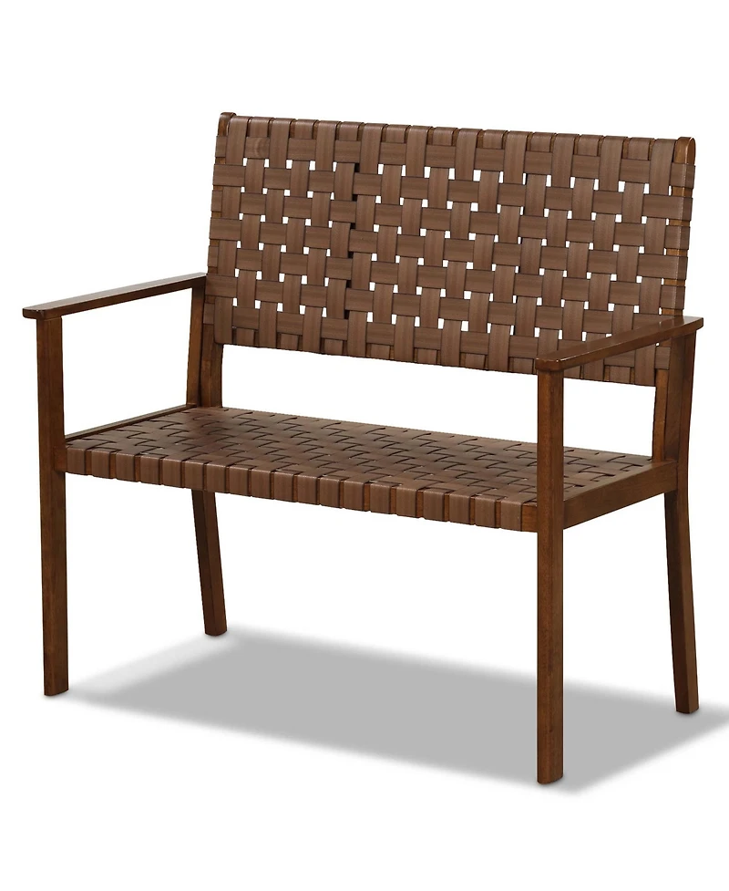 Gymax Patio Loveseat Bench w/ Solid Rubber Wood Frame & Hand Woven Pu Leather All Weather