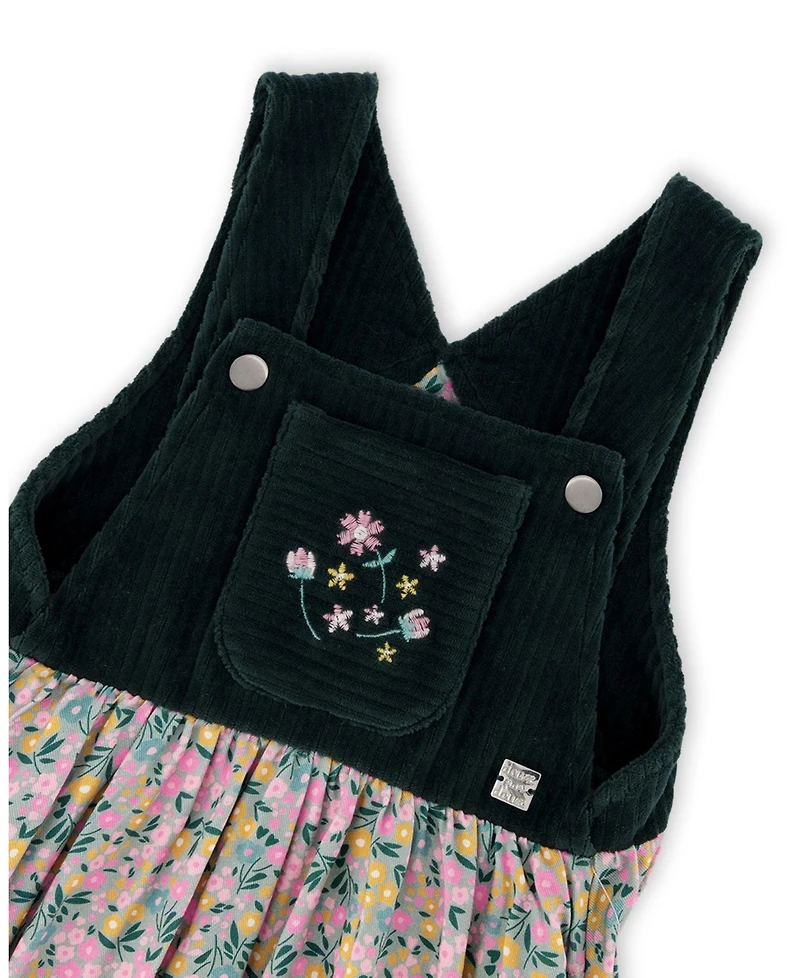 Deux par Girl Bi-Material Overall Dress Green with Flower Print - Toddler|Child
