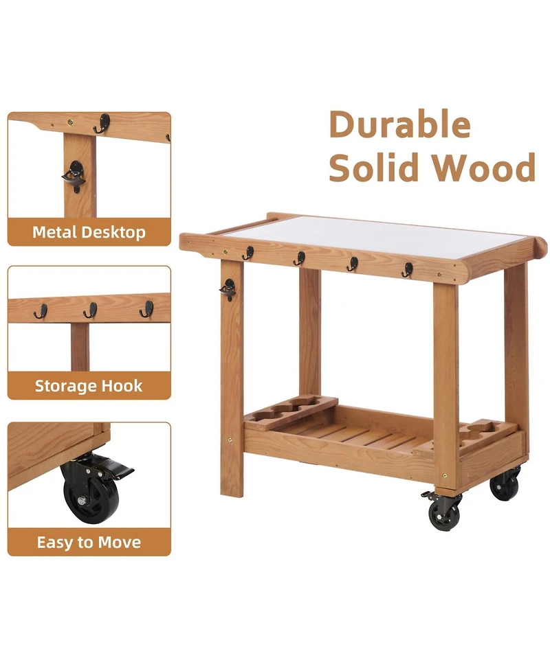 Streamdale Furniture Wooden Garden Cart Table with Metal Top & Hook