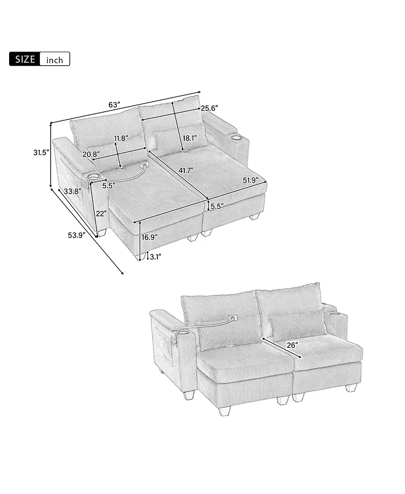 Streamdale Furniture Convertible Sleeper Sofa with Usb & Storage