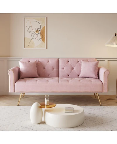 Streamdale Furniture Pink Velvet Sofa Bed with Nailhead Trim & Pillow