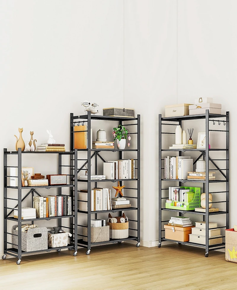 Sugift 4-Tier Foldable Storage Shelves, Metal Storage Rack with Wheels and Hooks