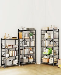 Sugift 4-Tier Foldable Storage Shelves, Metal Storage Rack with Wheels and Hooks