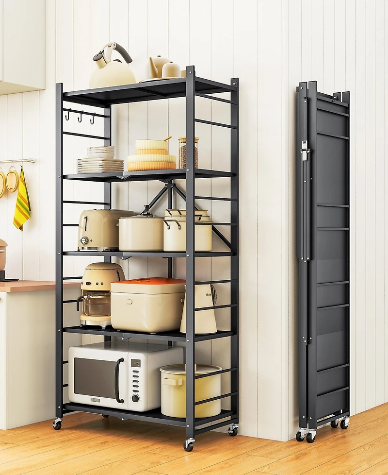 Sugift 5-Tier Foldable Storage Shelves, Metal Storage Rack with Wheels and Hooks