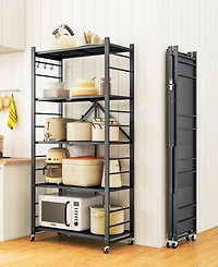 Sugift 5-Tier Foldable Storage Shelves, Metal Storage Rack with Wheels and Hooks