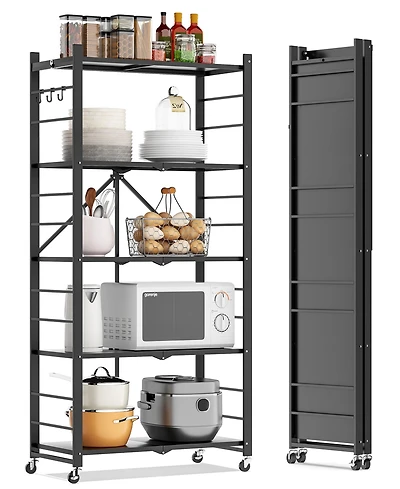 Sugift 5-Tier Foldable Storage Shelves, Metal Storage Rack with Wheels and Hooks
